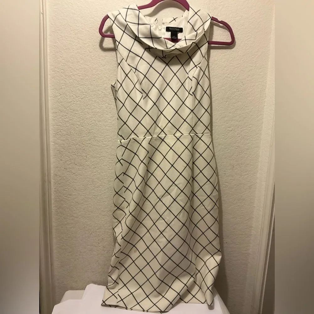 White House Black Market White Midi Dress with Black Windowpane Check cowl neck